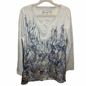 Peruvian Connection Cream & Blue Paisley Top Size Large